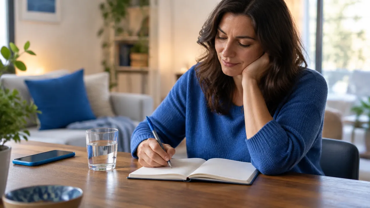 Persona que registra en un cuaderno sus emociones y necesidades tras una conversación difícil