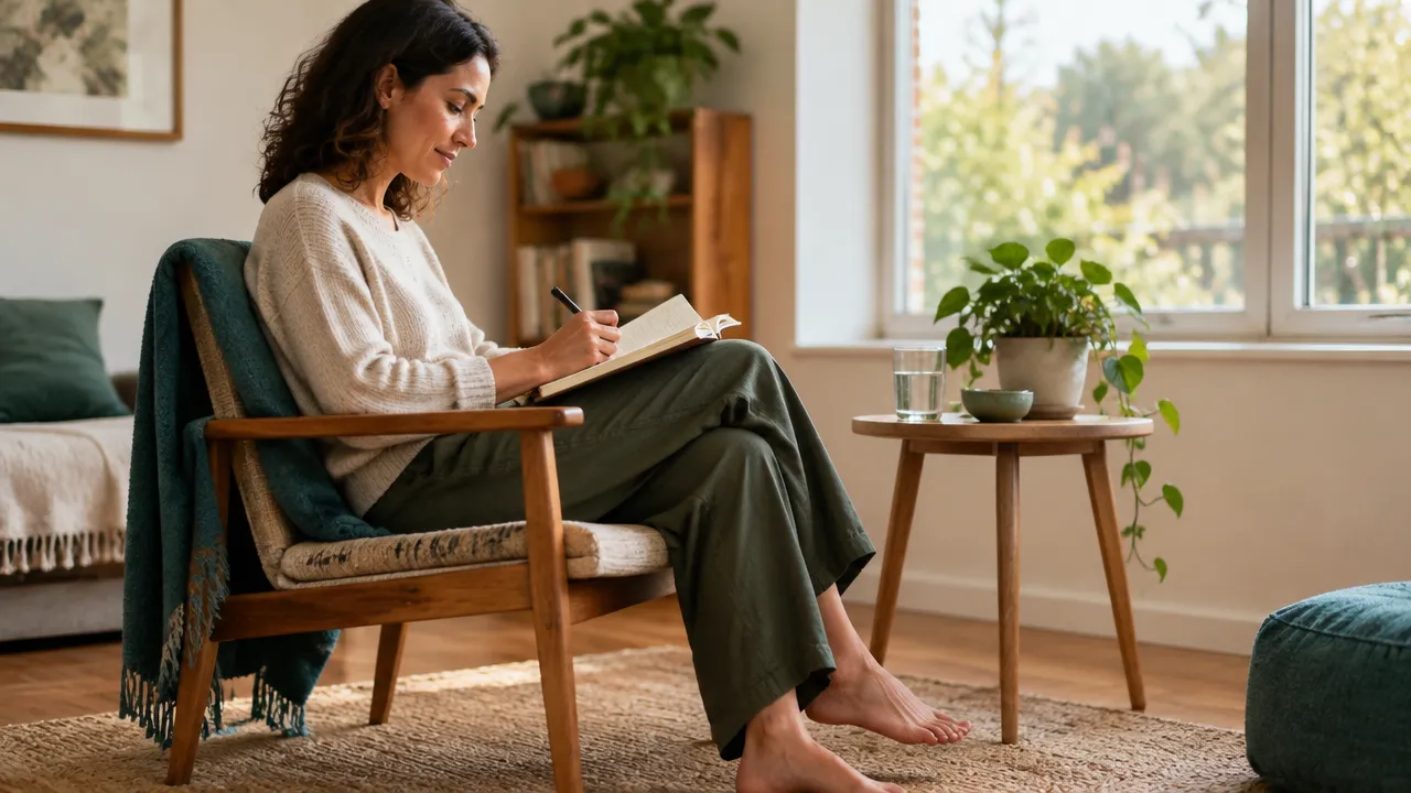 Persona que registra en un cuaderno una experiencia interior y reflexiona con los pies en la vida cotidiana