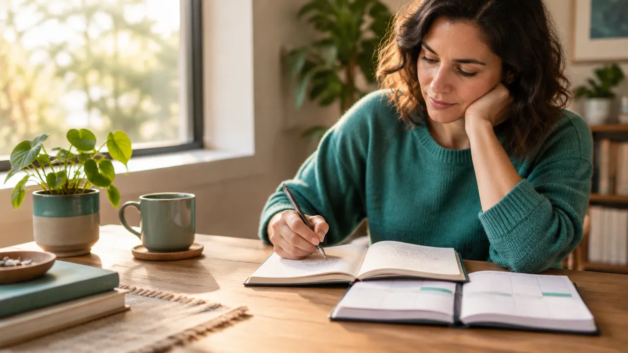 Persona que registra sus hábitos en un cuaderno para comparar sus acciones diarias con sus valores