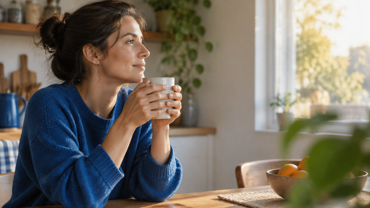 Persona que sostiene una taza con atención y usa una pausa cotidiana para volver al presente