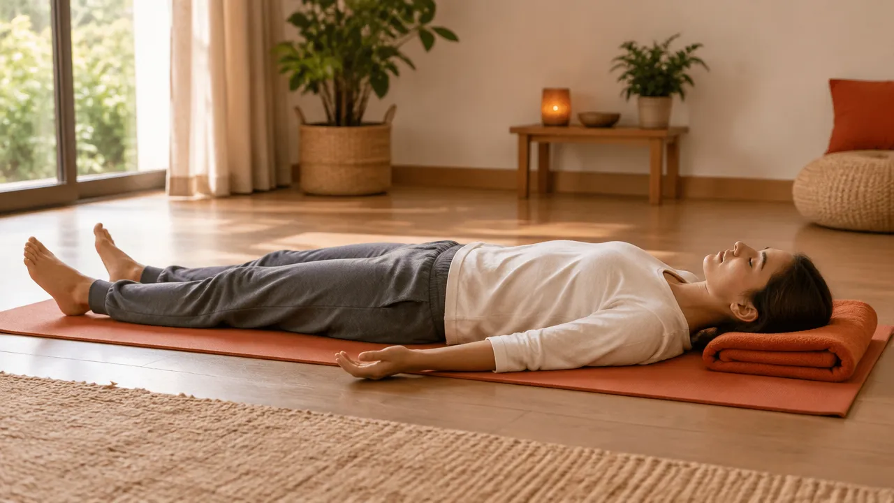 Persona recostada en una esterilla, realizando un escaneo atento de las sensaciones de su cuerpo.