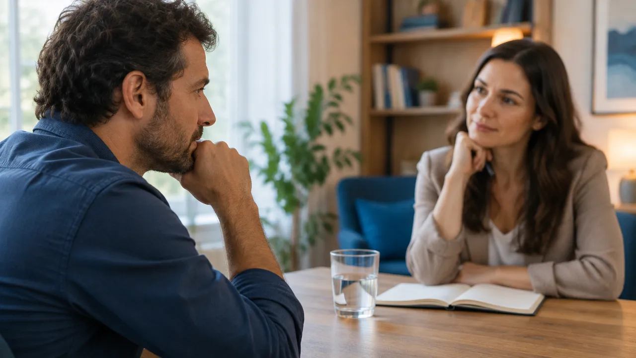 Persona reflexiona durante una conversación de coaching en un ambiente sereno