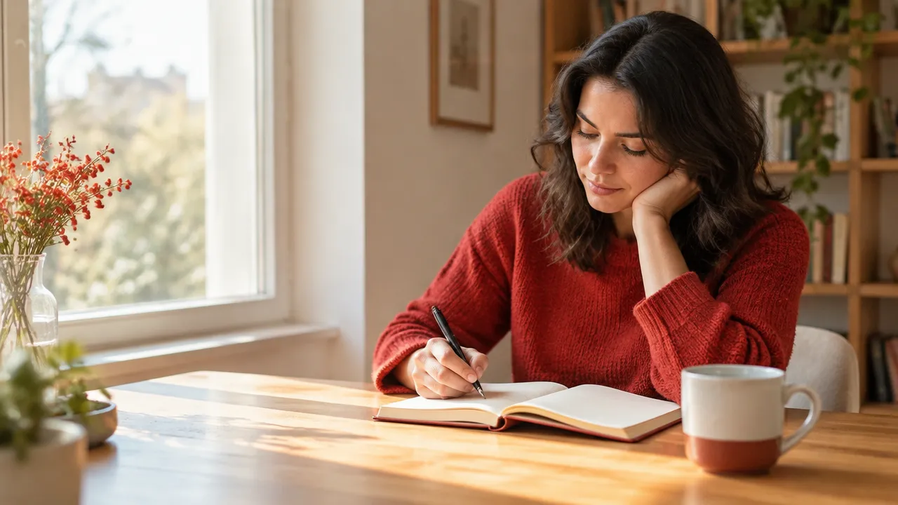 Persona reflexiona y anota una situación cotidiana para observar la relación entre pensamiento, emoción y conducta