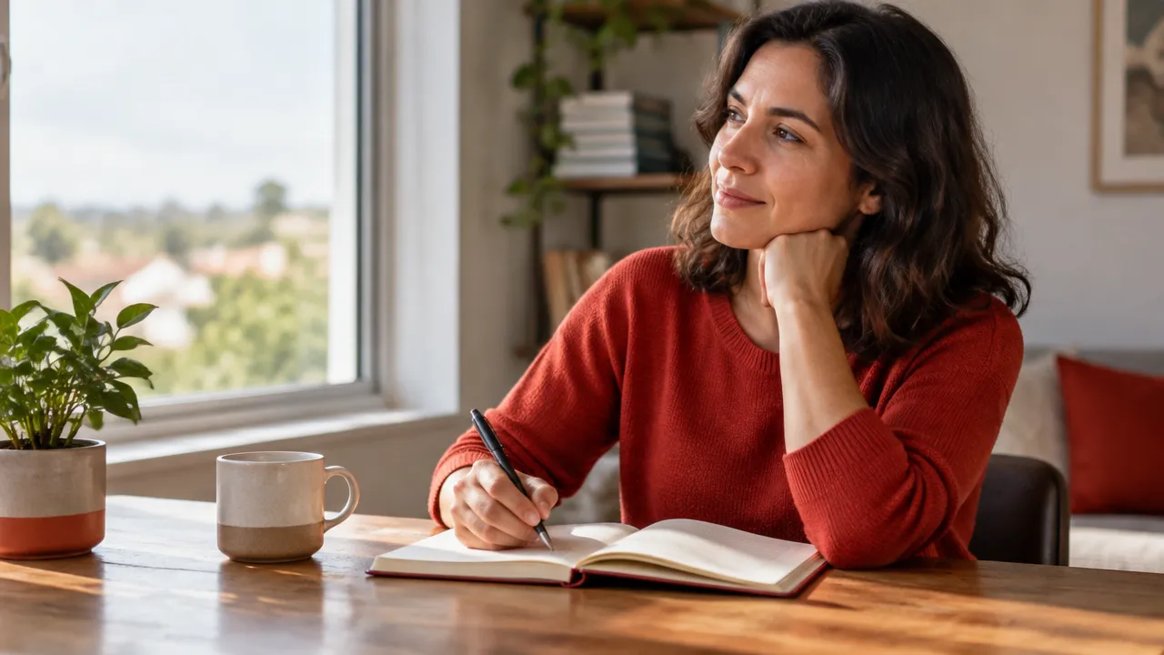 Persona reflexiona y escribe en un cuaderno antes de tomar una decisión en su vida diaria