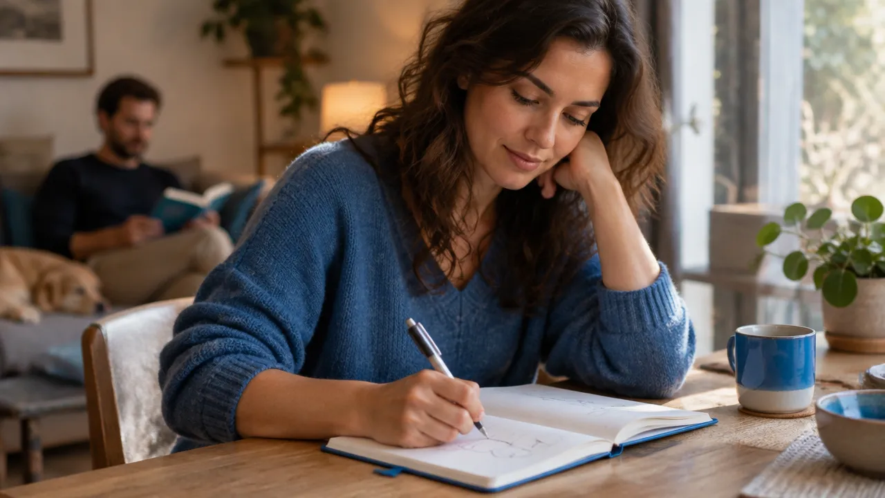 Persona reflexiona y escribe en un cuaderno mientras mantiene una relación cercana con espacio propio