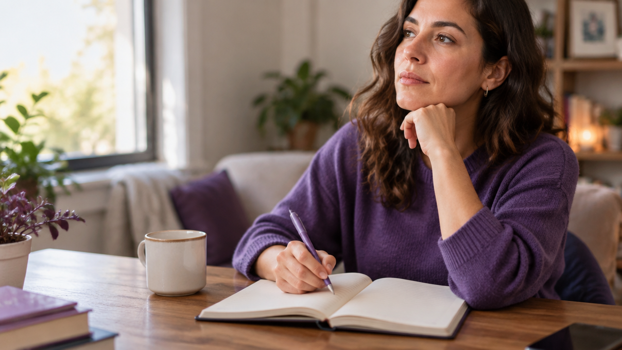 Persona reflexiona y escribe en un cuaderno para elegir cómo responder a una emoción