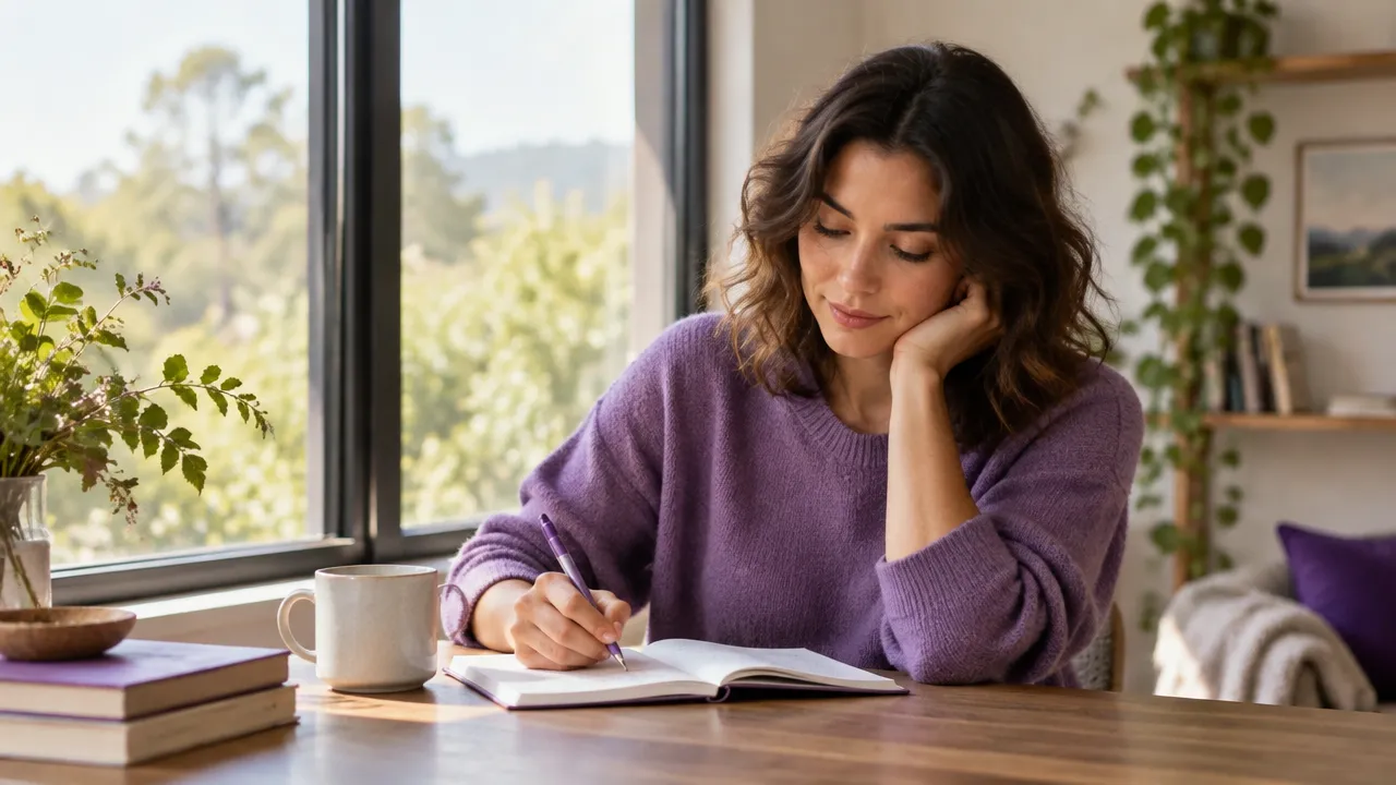 Persona reflexiona y escribe en un cuaderno para reconocer sus emociones antes de responder.