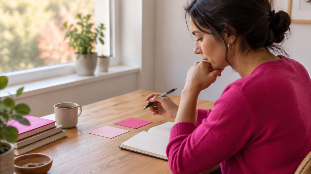 Persona reflexionando ante una decisión difícil, con un cuaderno y notas sobre la mesa.