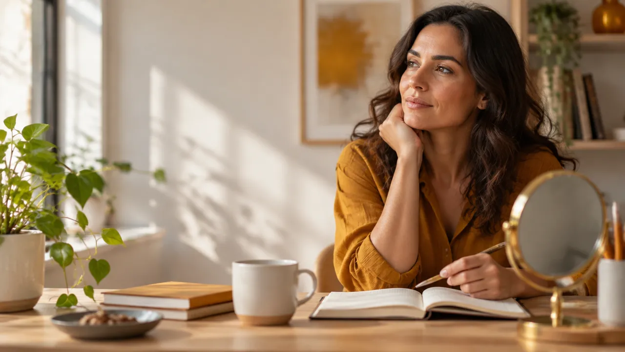 Persona reflexionando con calma sobre sus fortalezas y áreas de mejora, con un cuaderno abierto junto a un espejo.