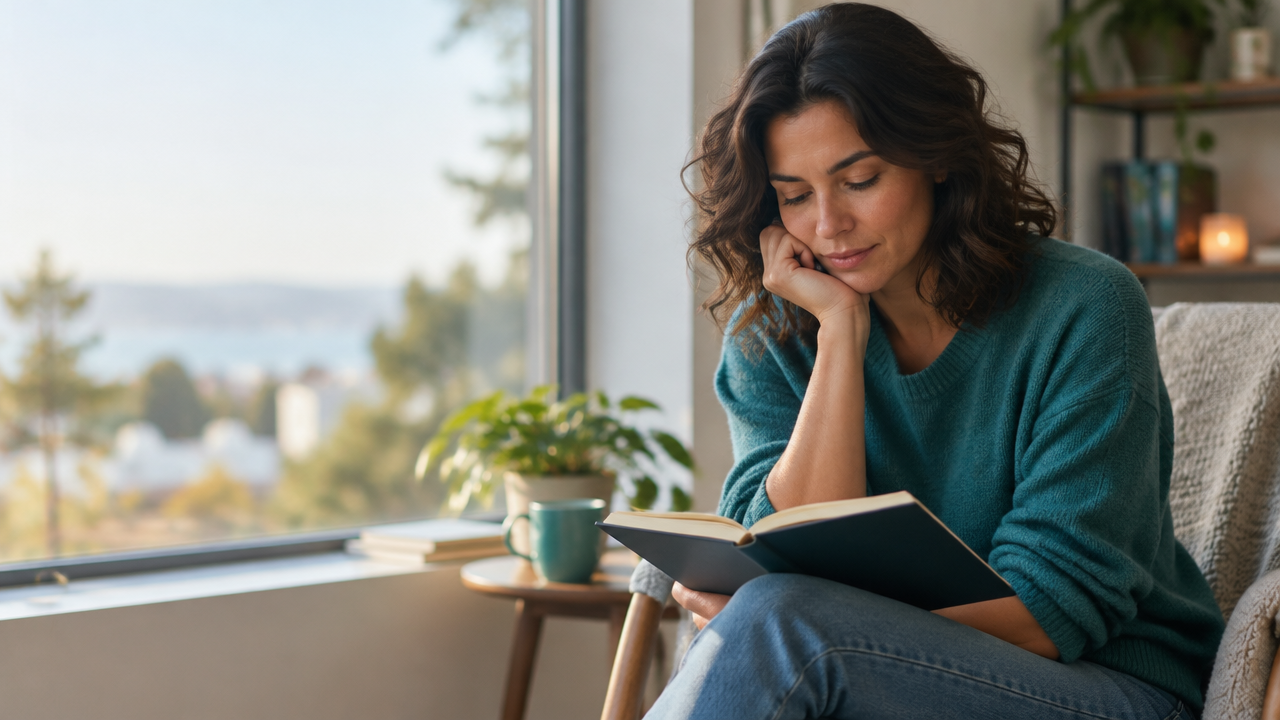 Persona reflexionando con calma y anotando pensamientos en un cuaderno junto a una ventana