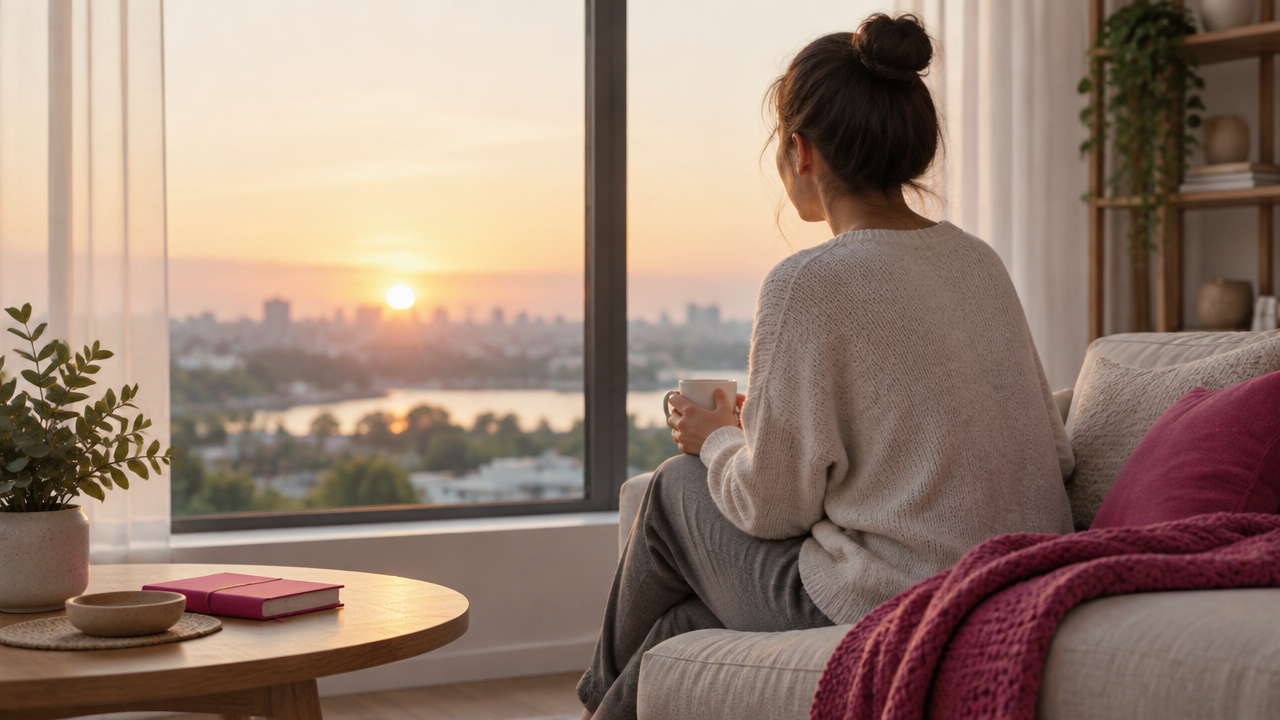 Persona reflexionando junto a una ventana al amanecer, símbolo de recuperar el movimiento emocional tras una ruptura