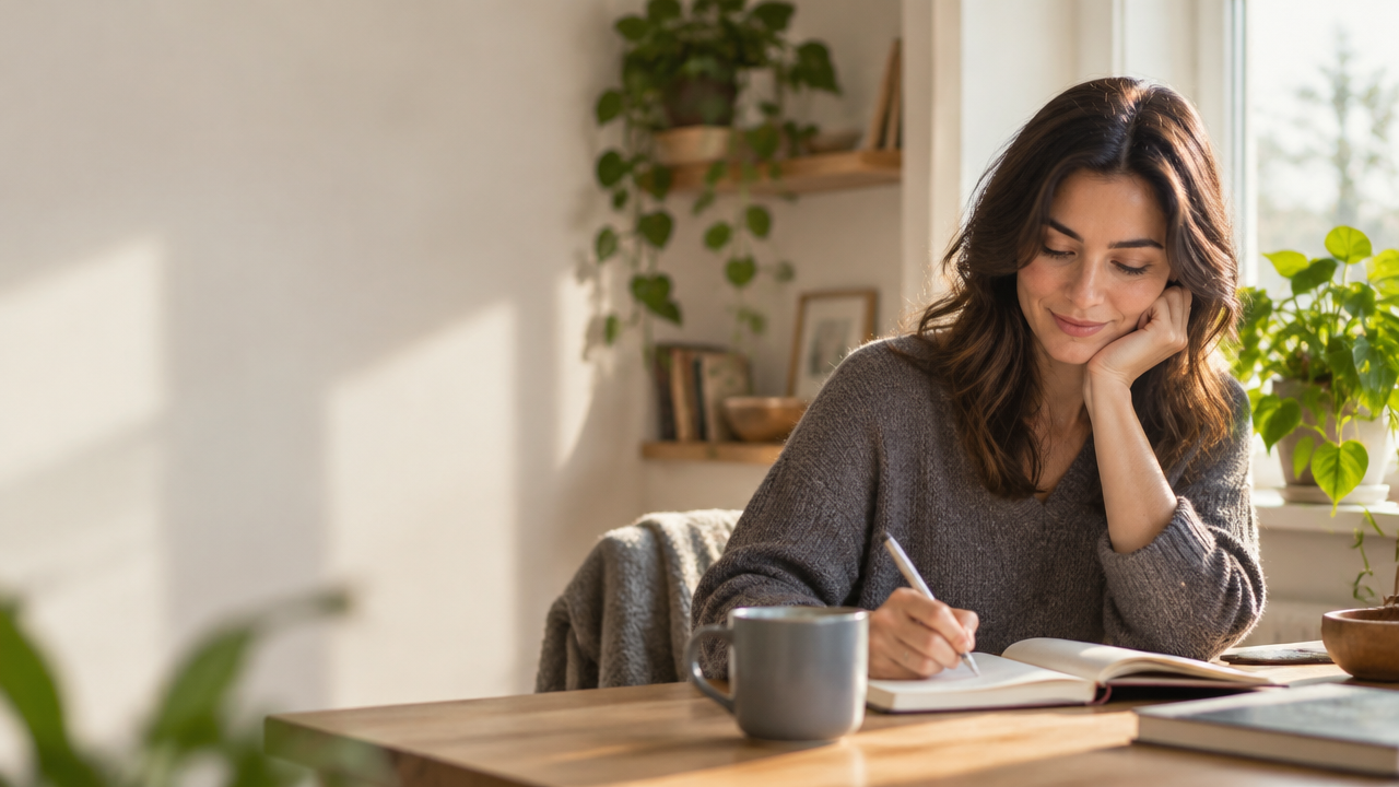 Persona reflexionando junto a una ventana con un cuaderno, símbolo de una vida consciente y con sentido