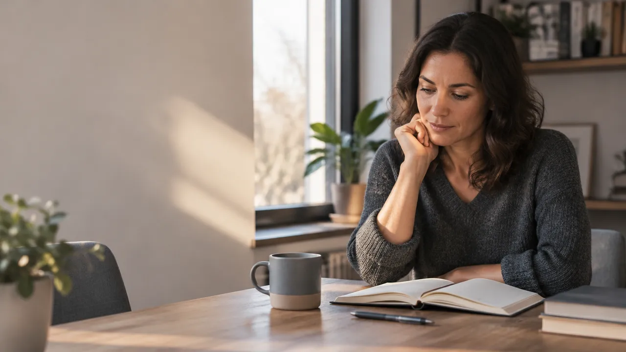Persona reflexionando junto a una ventana y escribiendo en un cuaderno tras perder su empleo