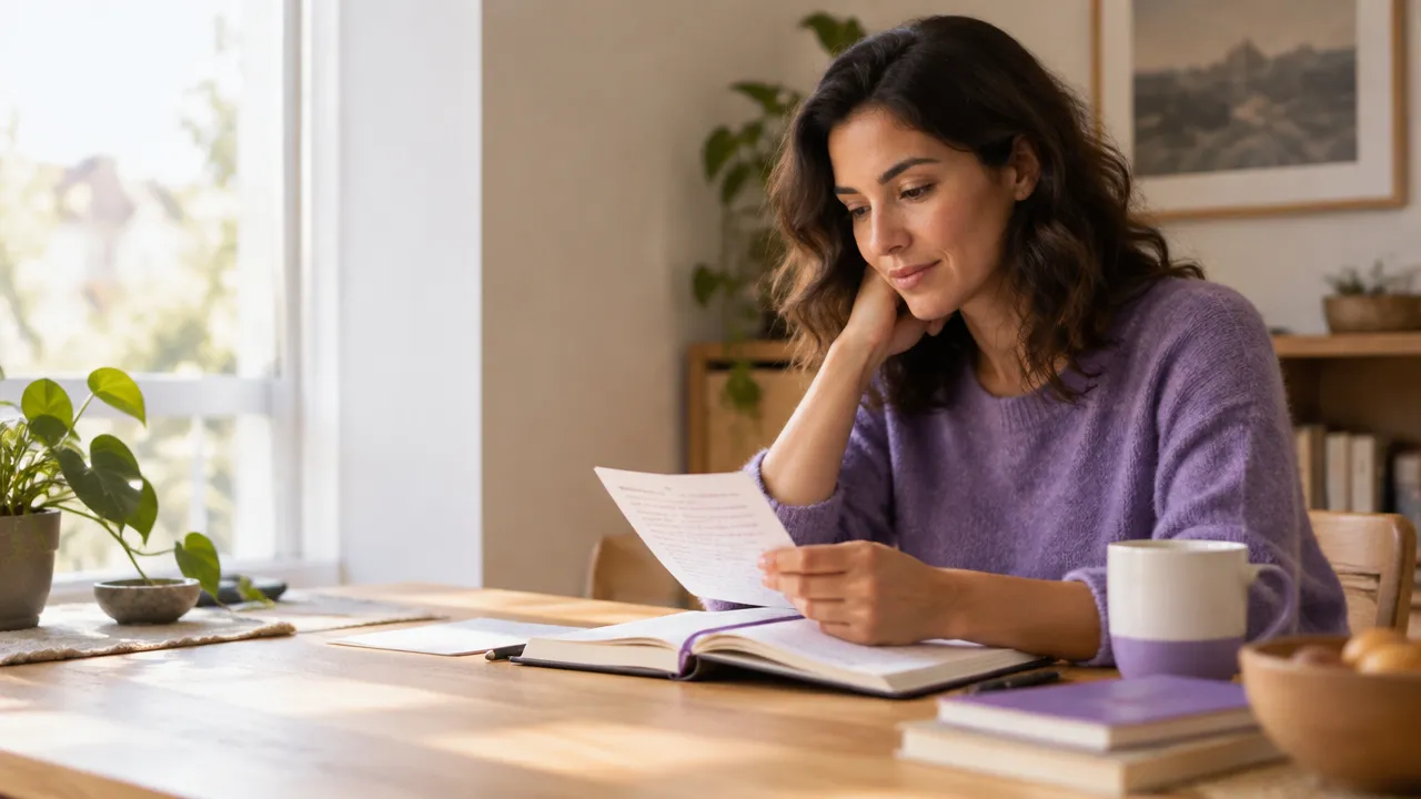 Persona reflexionando sobre sus creencias y anotando nuevas perspectivas en un cuaderno