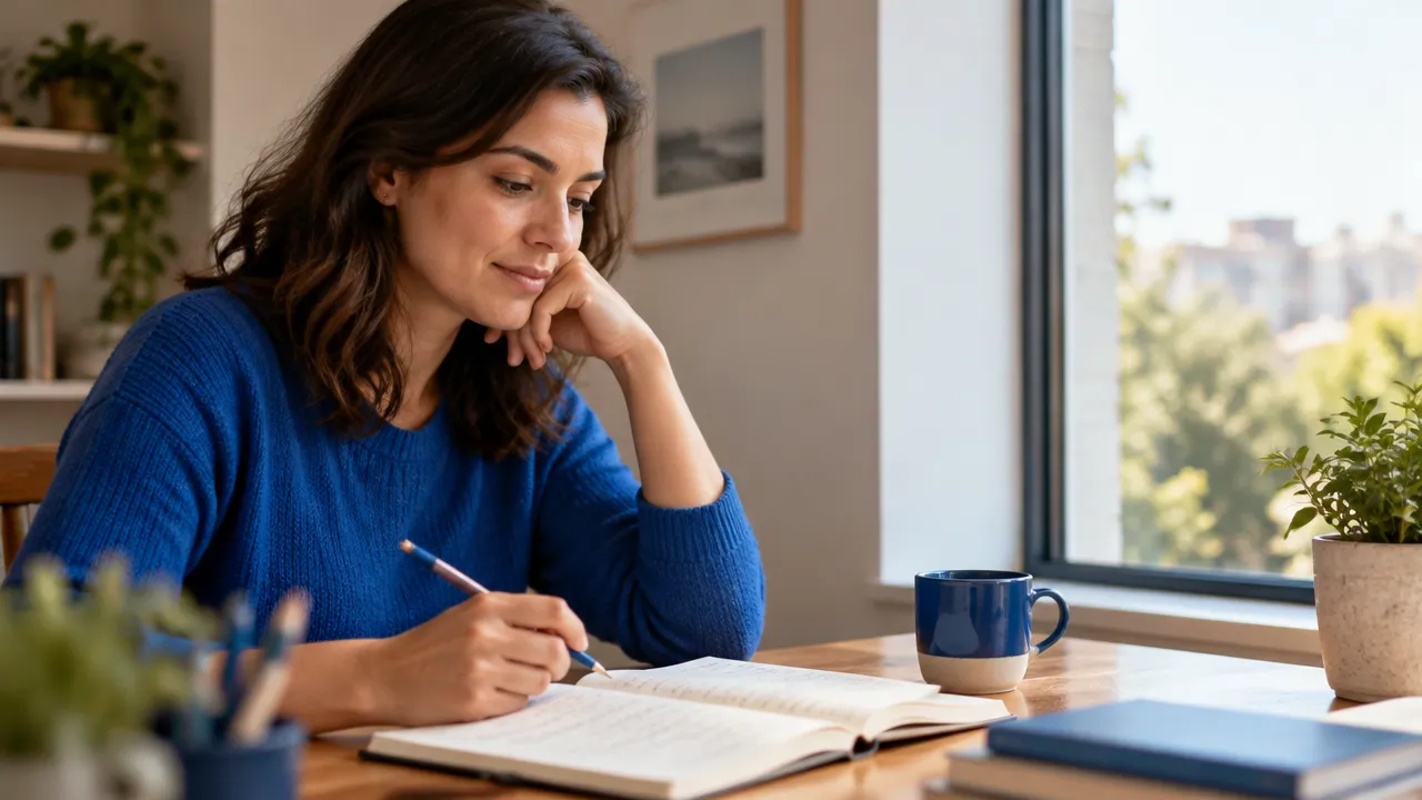 Persona reflexionando y anotando respuestas para elegir un reto de crecimiento realista