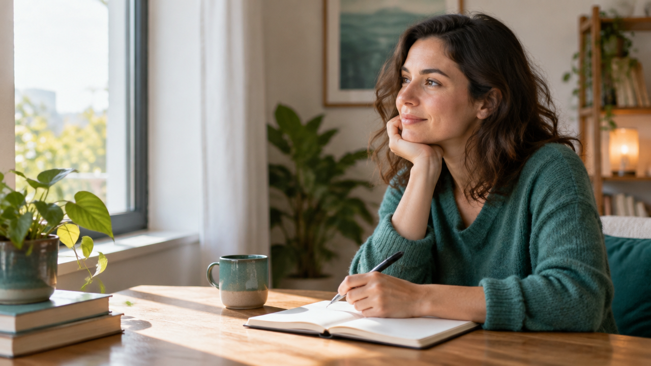 Persona reflexionando y escribiendo en un cuaderno junto a una ventana, símbolo de coherencia emocional diaria.