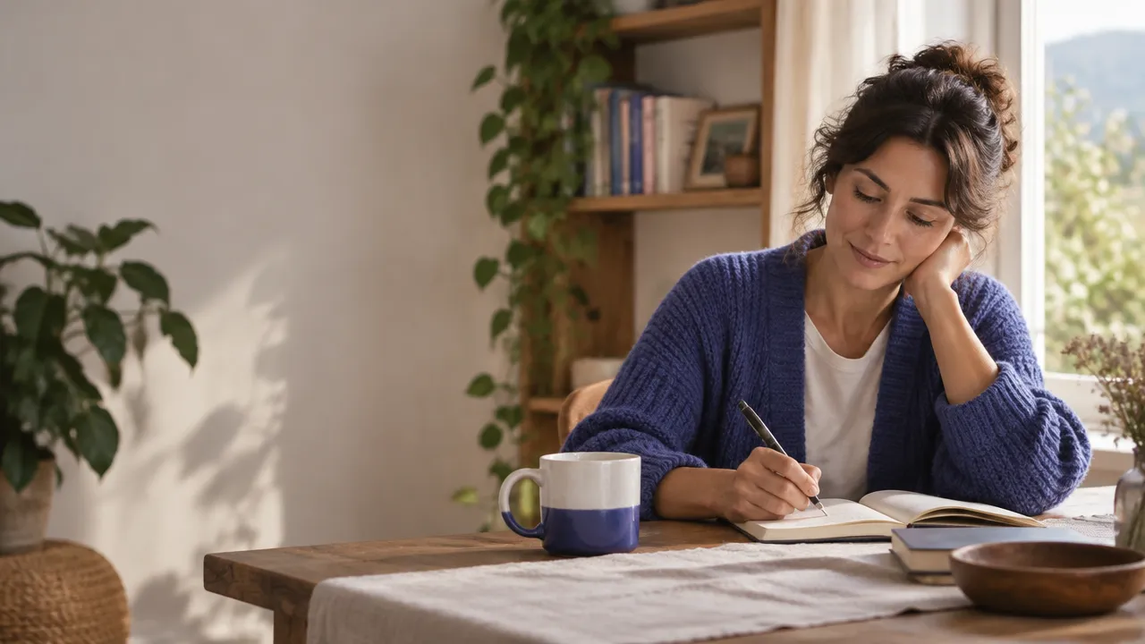 Persona reflexionando y escribiendo en un cuaderno junto a una ventana, como práctica de bienestar consciente