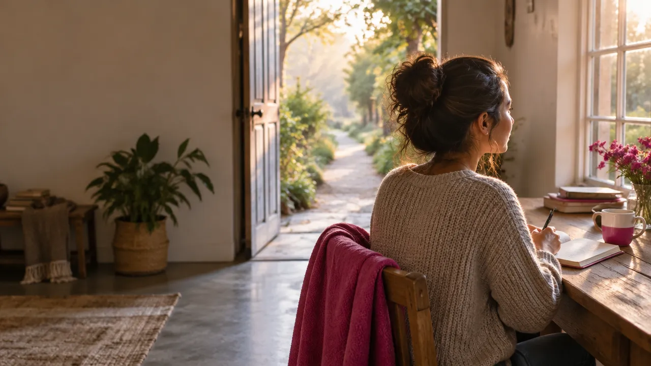 Persona reflexionando y escribiendo en un cuaderno junto a una ventana, con un sendero iluminado al fondo