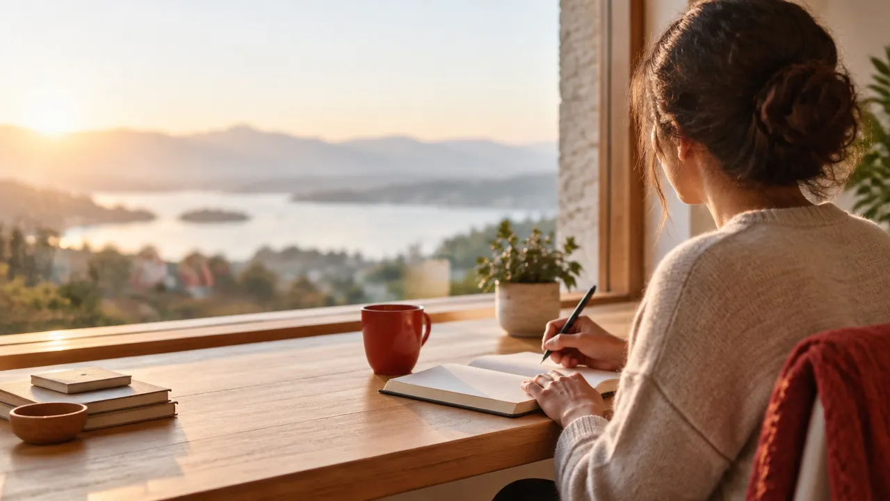 Persona reflexionando y escribiendo en un cuaderno junto a una ventana, imagen del desarrollo personal con propósito.