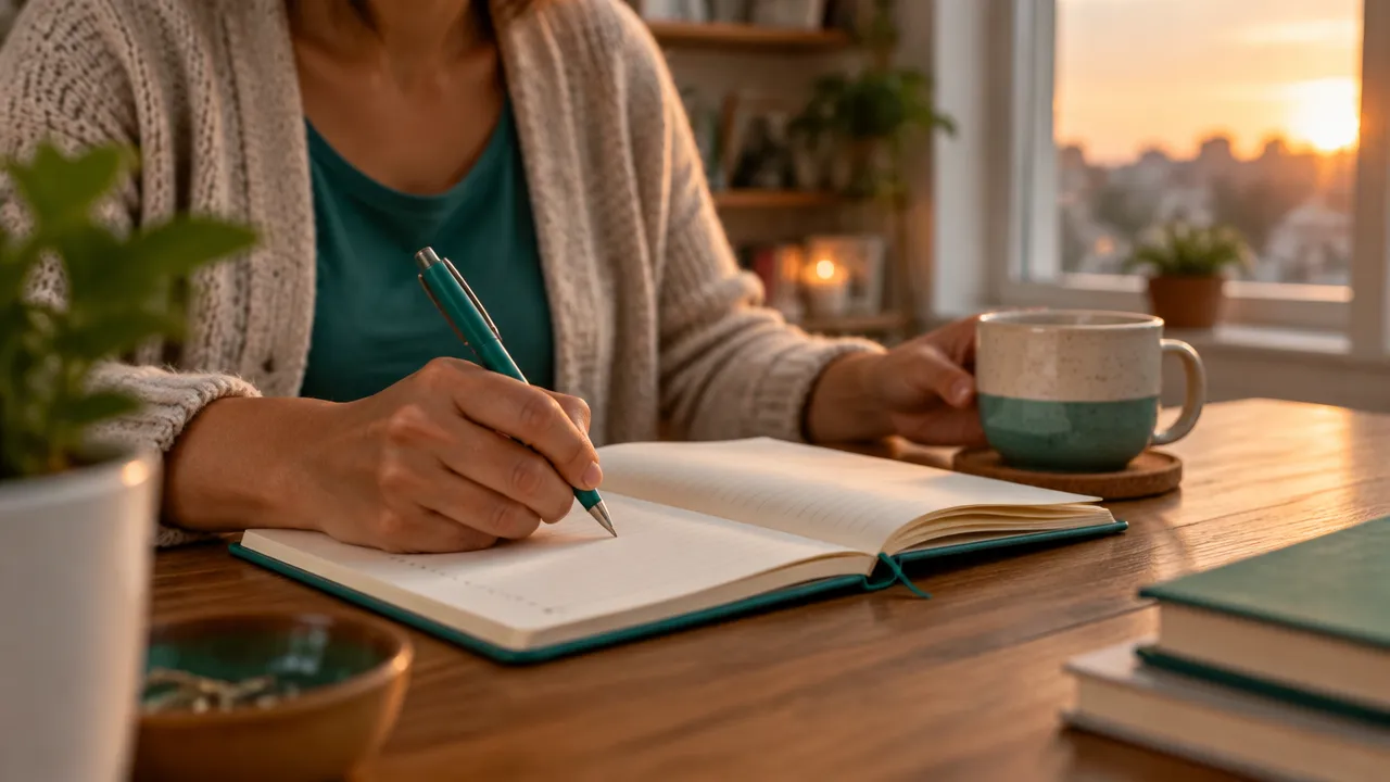Persona escribe en un cuaderno sobre experiencias valiosas y fortalezas usadas durante el día