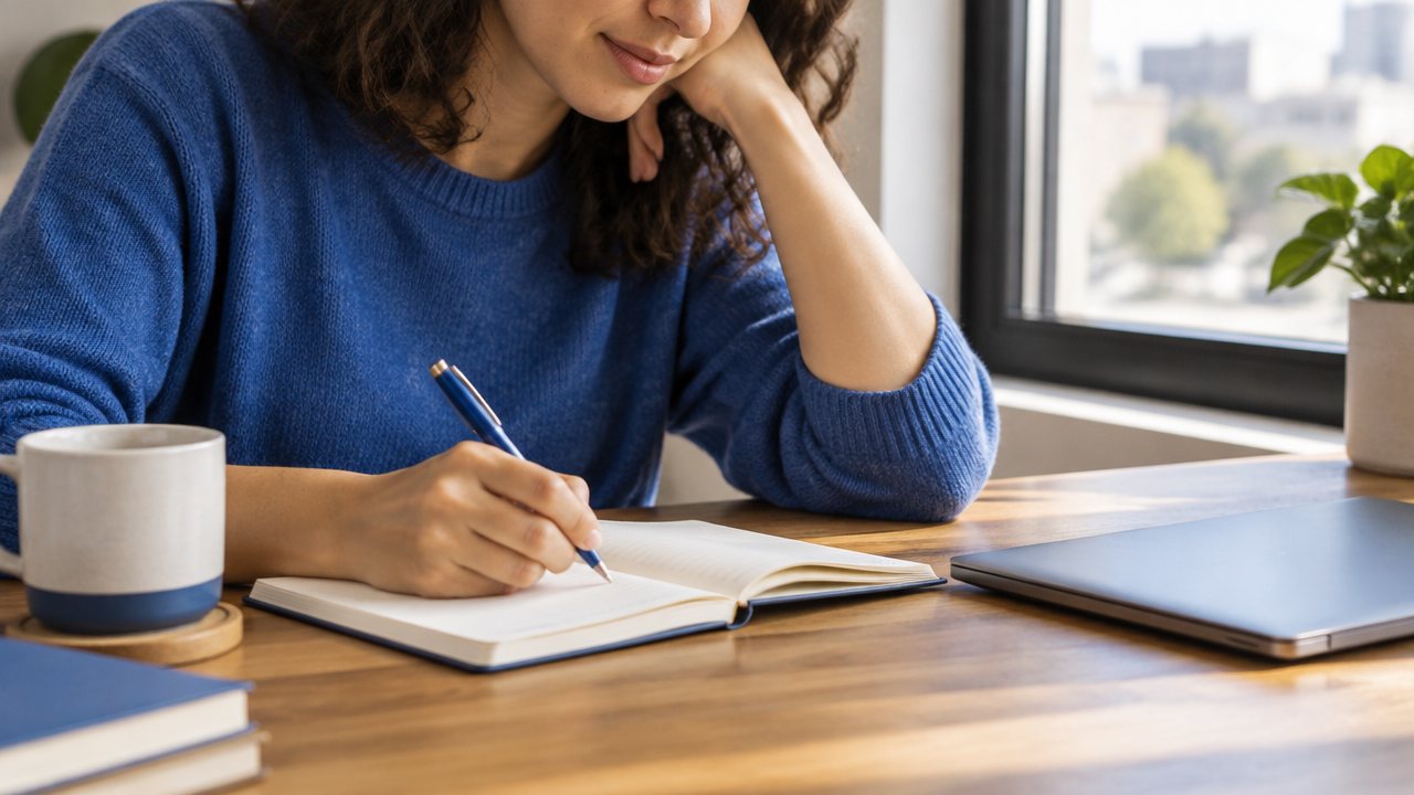 Persona registra en un cuaderno sus emociones y la acción concreta con la que interrumpirá la evitación.