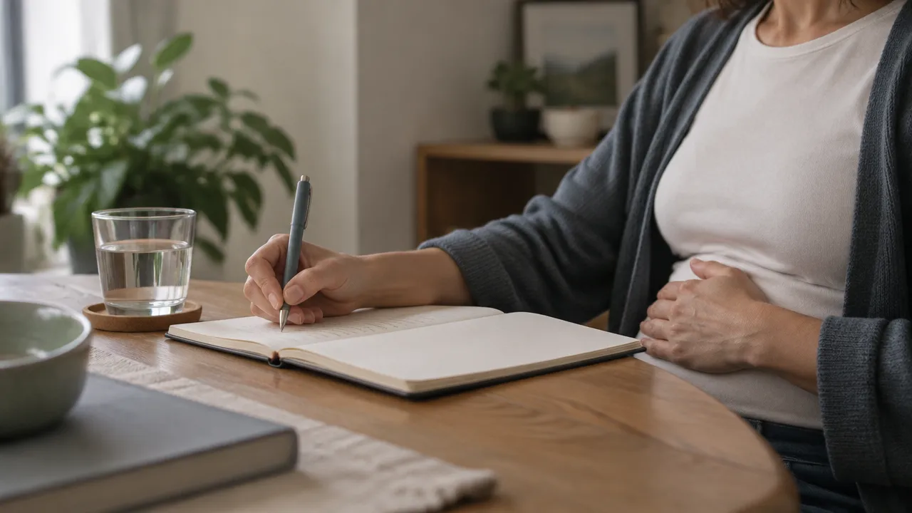 Persona registra en un cuaderno sus sensaciones y observaciones antes de revisar una decisión