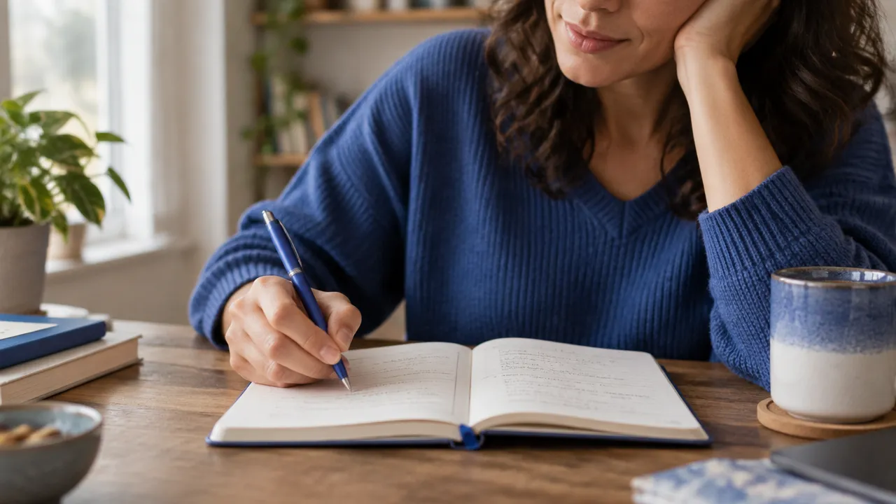 Persona registra en un diario pensamientos y pequeños avances para practicar un diálogo interno más equilibrado.