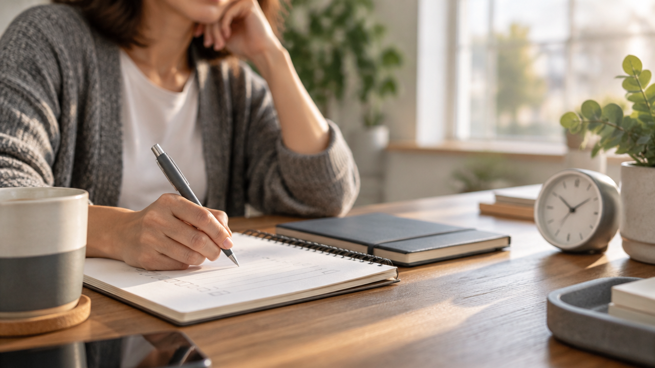 Persona revisando en un cuaderno sus prioridades y expectativas para el día