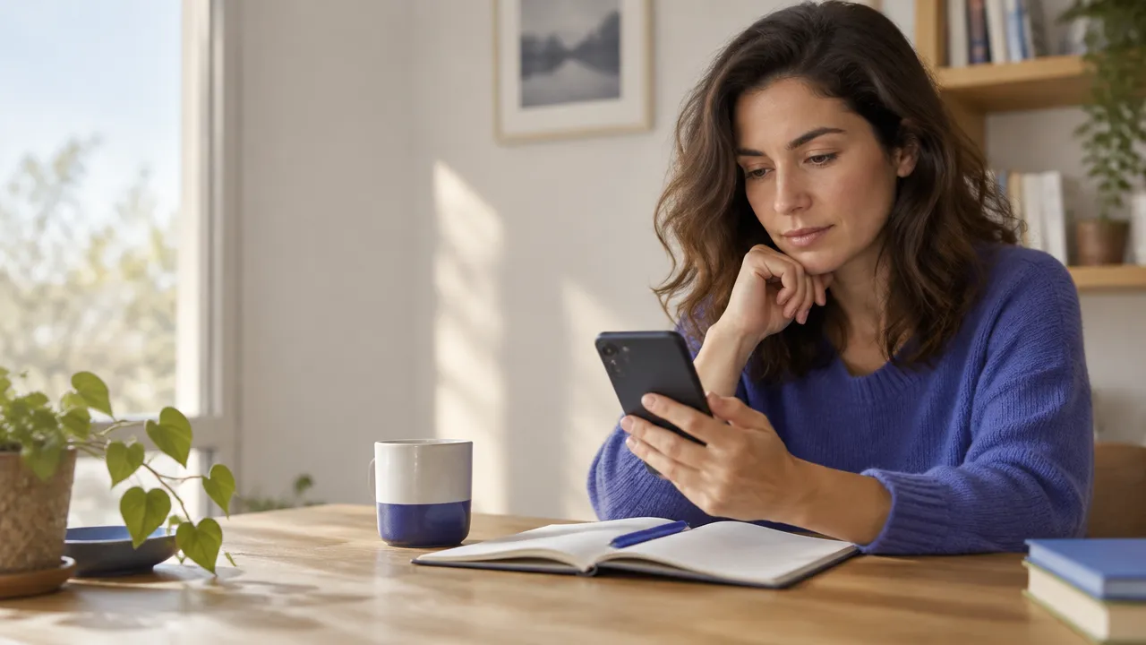 Persona revisando noticias en su teléfono con calma y reflexión antes de compartirlas