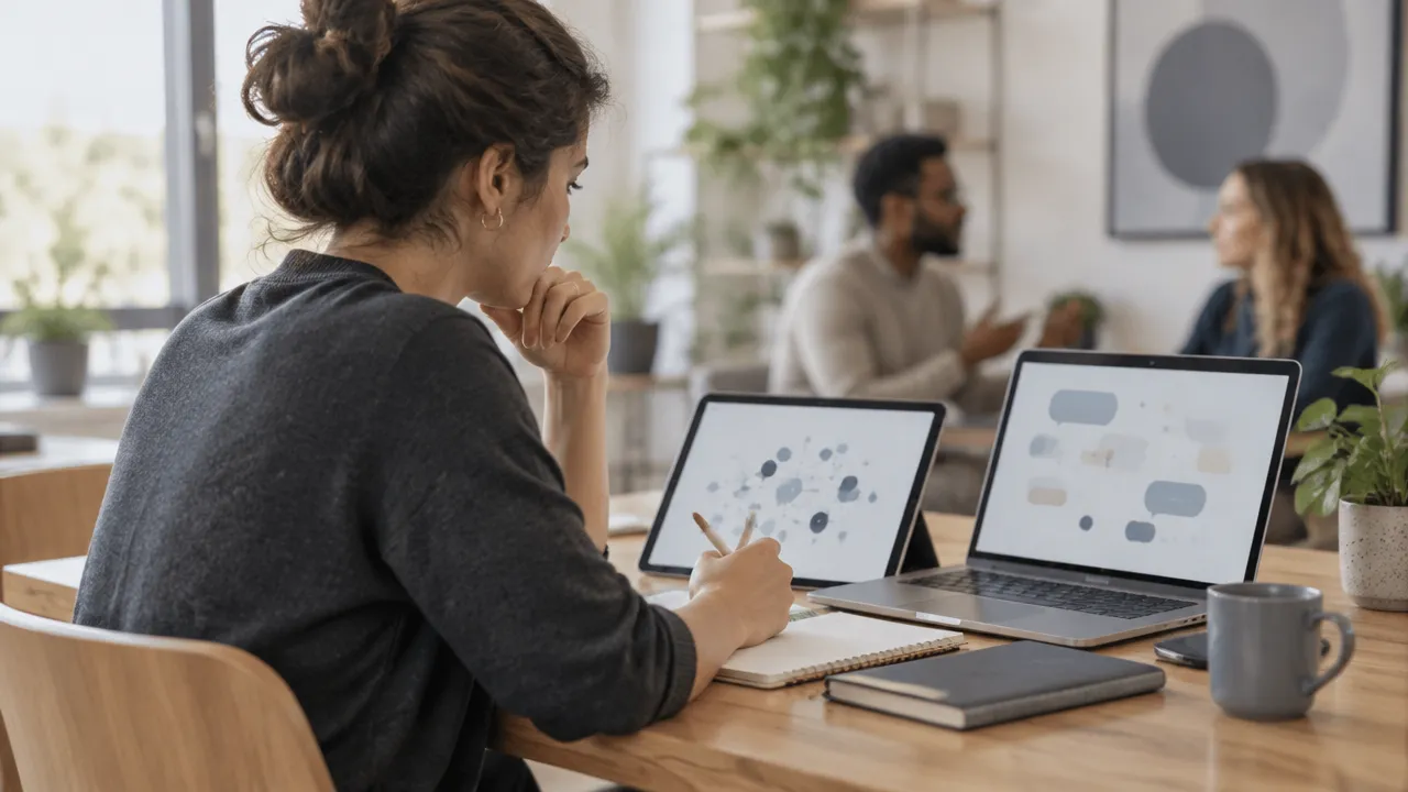 Persona revisando patrones de conversación digital con atención al contexto y a la diversidad de voces