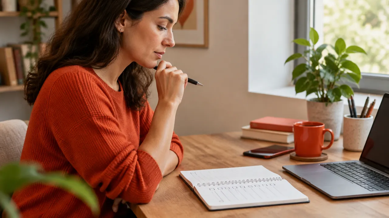 Persona revisando sus tareas con calma para transformar la autoexigencia en objetivos flexibles