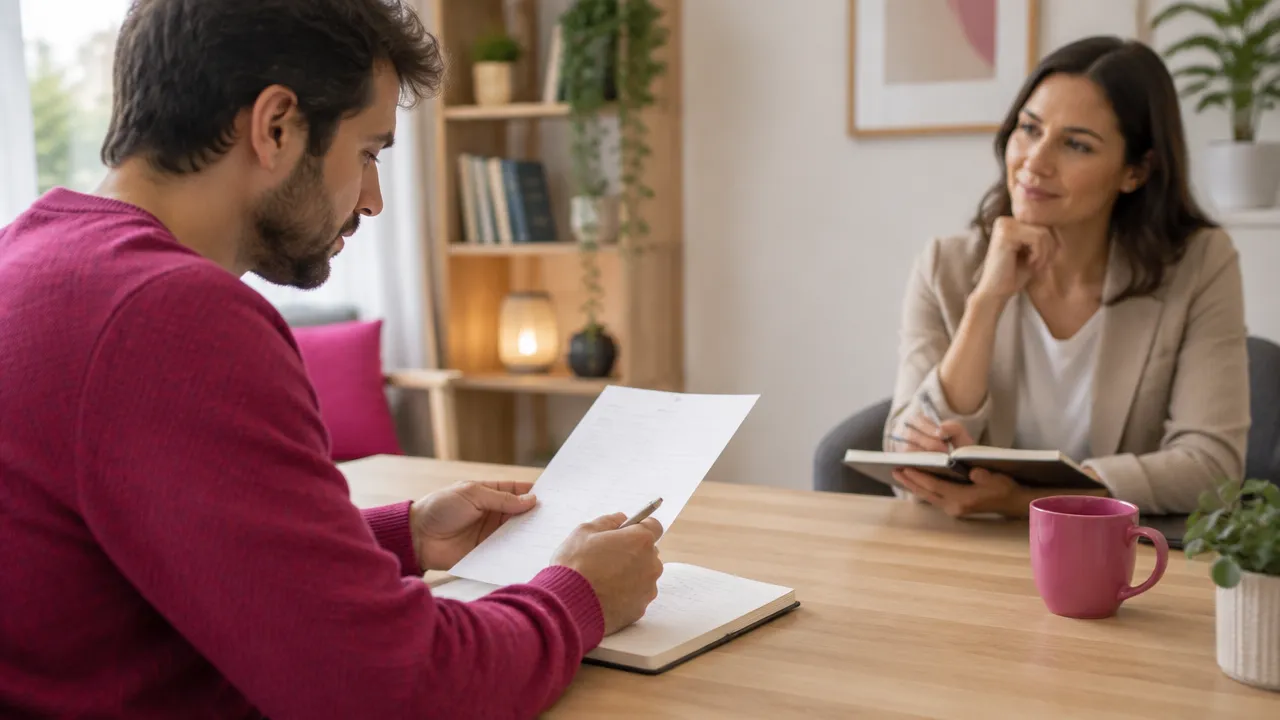 Persona revisando una autoevaluación junto a una profesional que escucha y ayuda a contrastar sus conclusiones