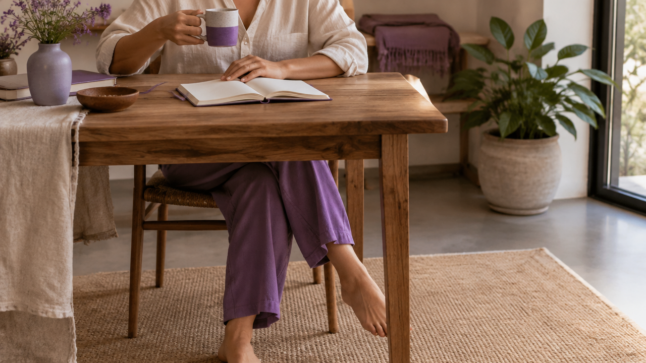 Persona con los pies apoyados en el suelo, una taza y un cuaderno durante una pausa de autoobservación.