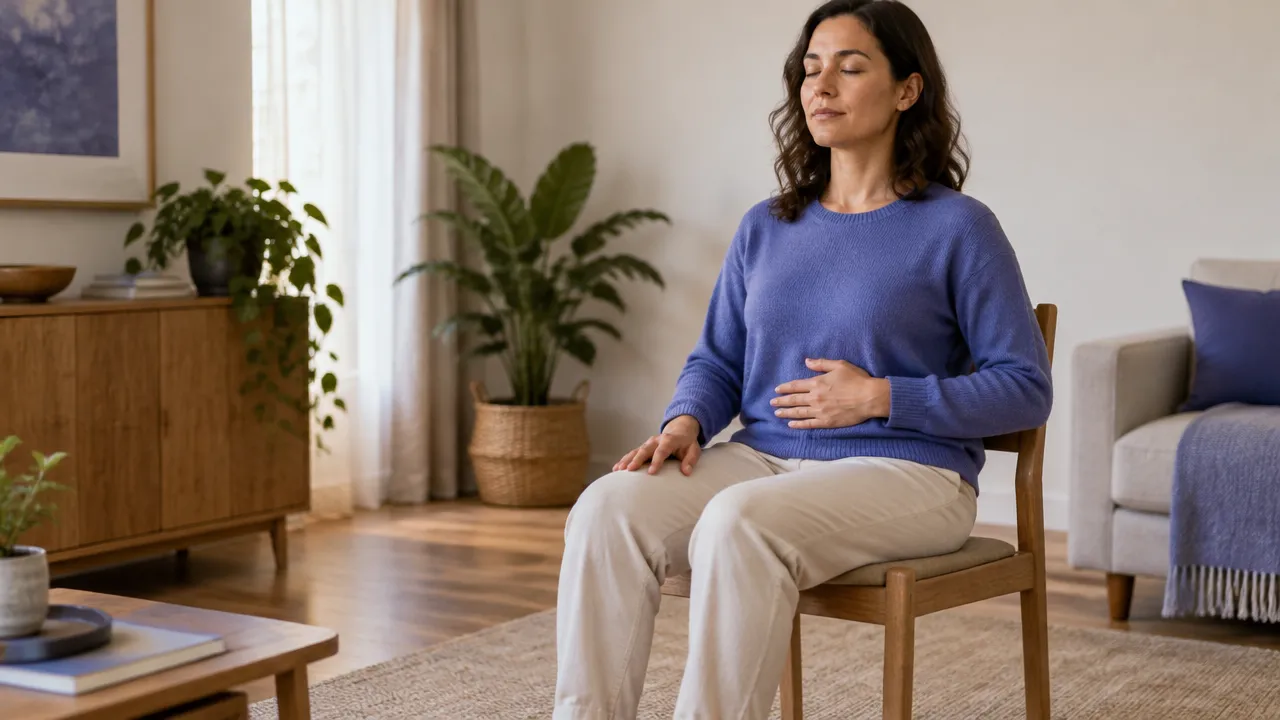Persona sentada con los pies apoyados y una mano sobre el abdomen mientras practica respiración consciente