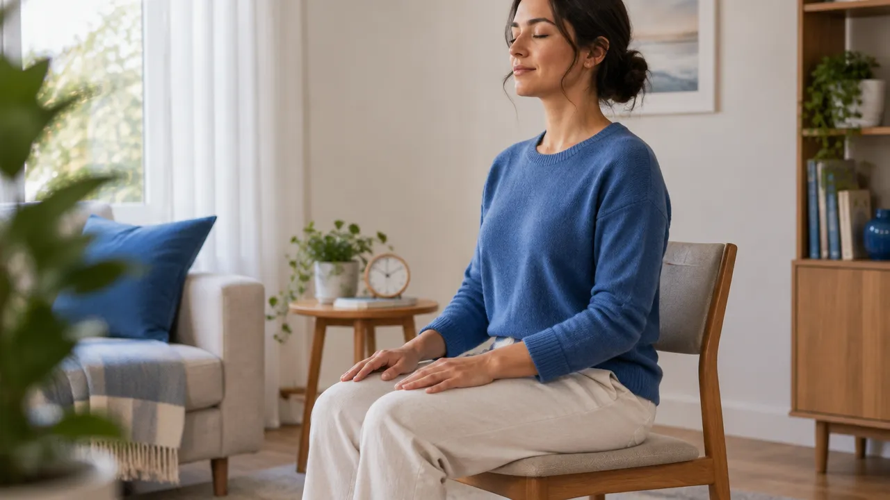 Persona sentada con postura cómoda practicando una meditación breve en casa