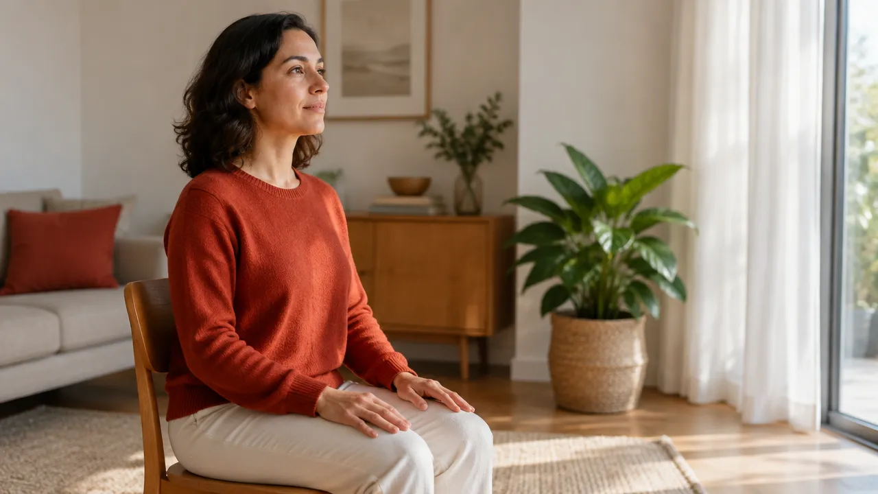 Persona sentada en una silla, con los pies apoyados y la atención puesta suavemente en la respiración