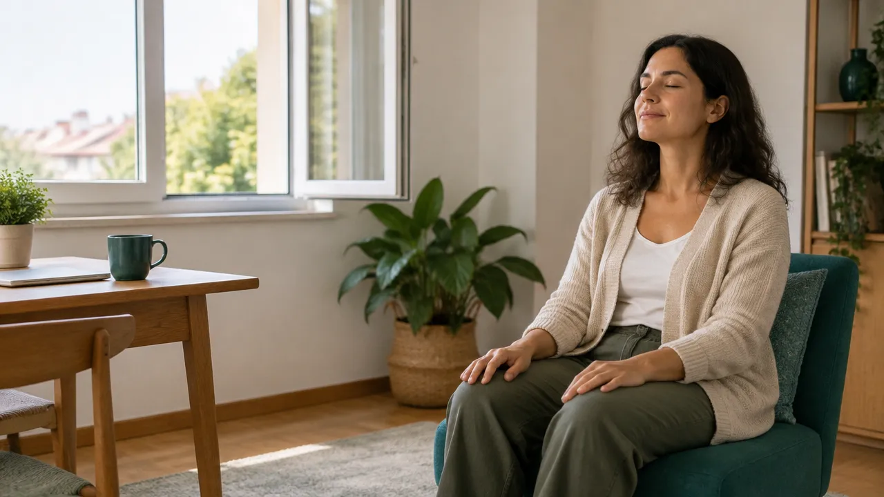 Persona sentada junto a una ventana, haciendo una pausa de respiración consciente en un espacio doméstico tranquilo