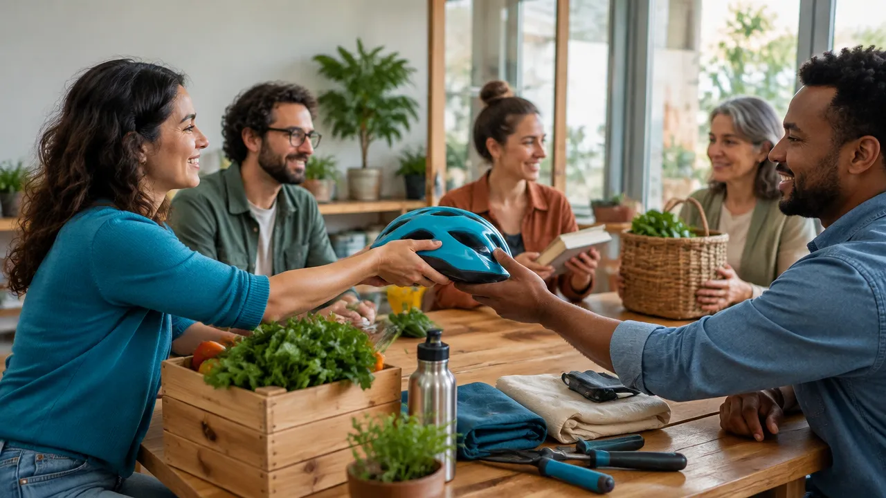 Personas comparten herramientas y objetos en un espacio comunitario, símbolo de confianza y responsabilidad compartida.