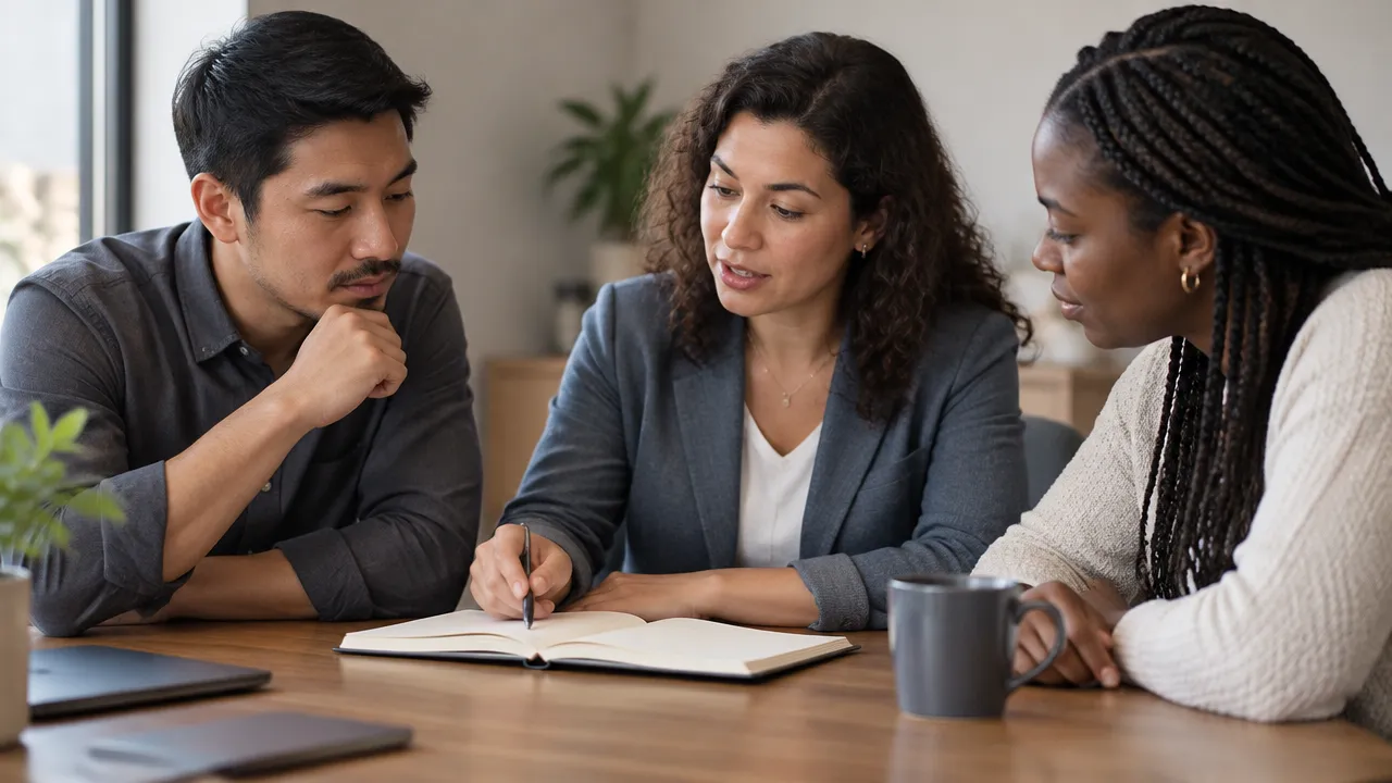 Personas de diferentes culturas aclaran un malentendido y acuerdan una solución en equipo