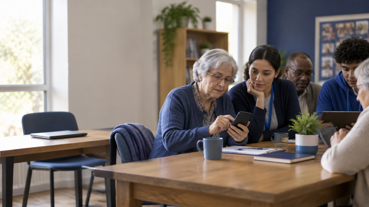 Personas de distintas edades conversan en un centro comunitario mientras una de ellas recibe apoyo para usar un dispositivo digital