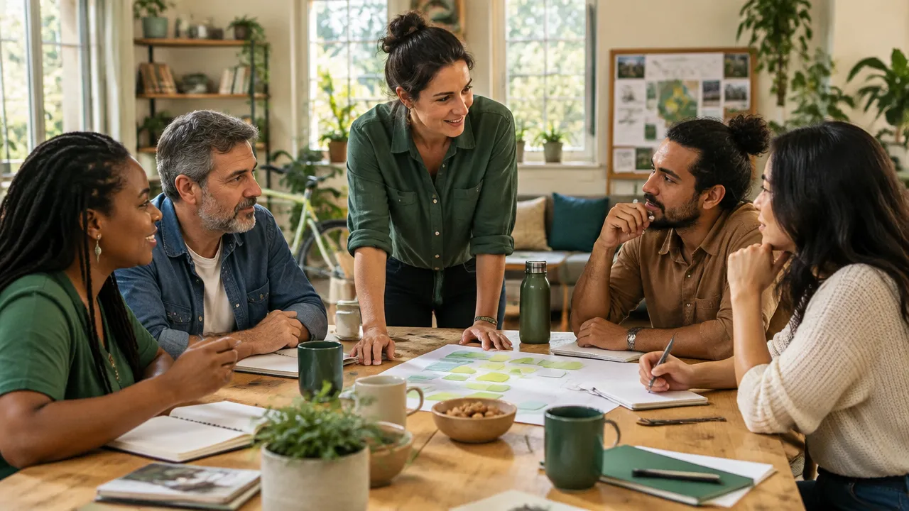 Personas diversas colaboran en la planificación consciente de un proyecto comunitario.