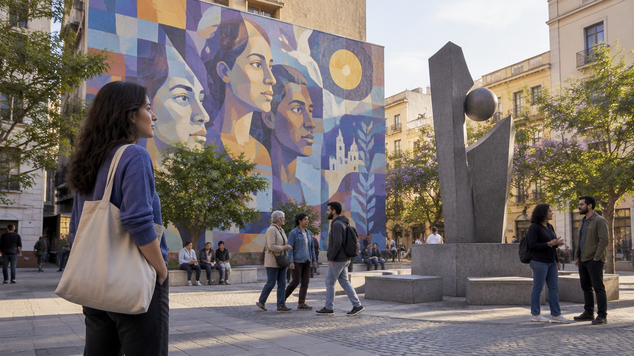 Personas observan un mural y un monumento en una plaza, símbolos urbanos que evocan identidad y emociones colectivas.