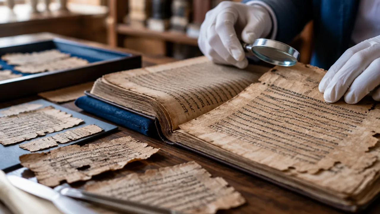 Pesquisador examina um códice antigo e folhas de papiro como fontes para estudar correntes gnósticas.