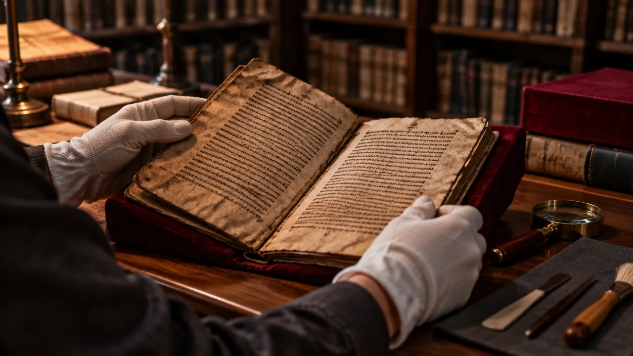 Pesquisador examina um códice copta antigo, representando as fontes históricas usadas para estudar o gnosticismo.