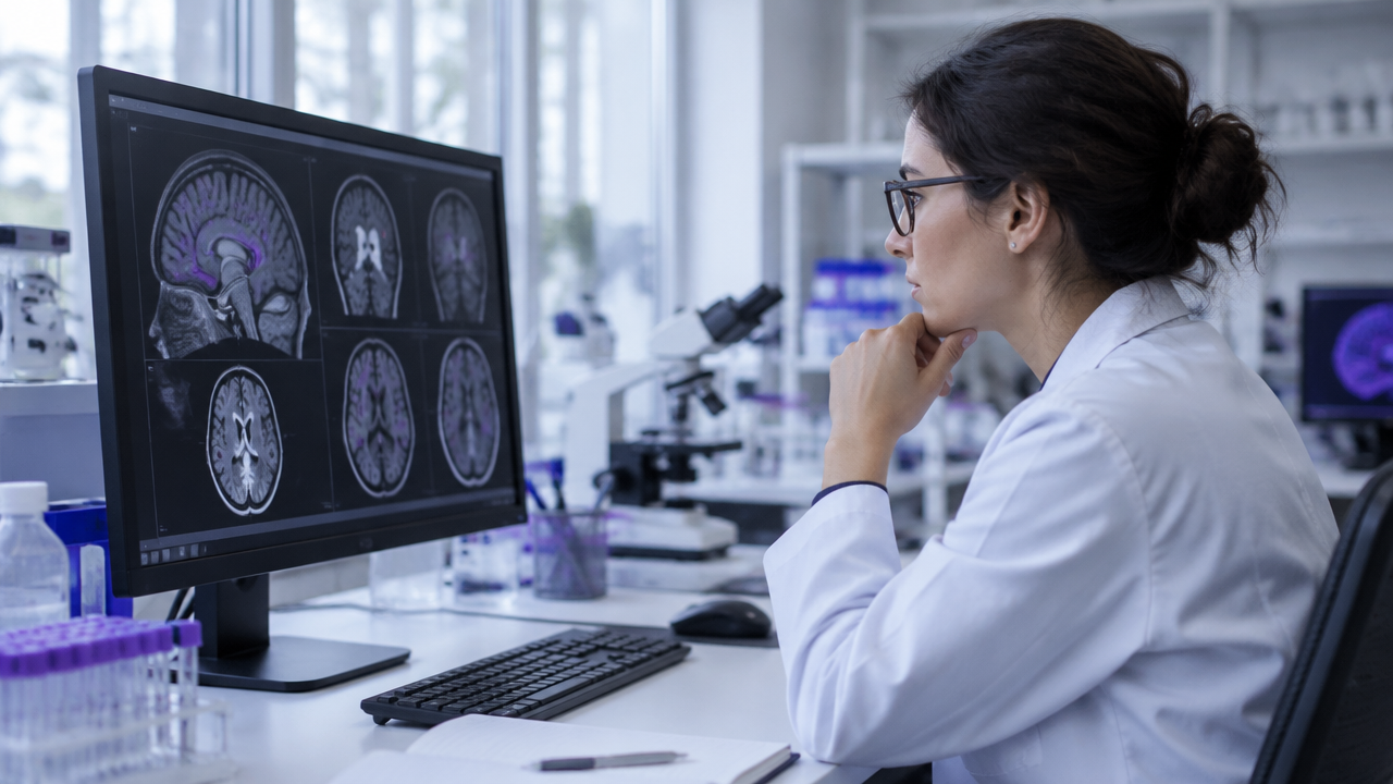 Pesquisadora examina imagens de neuroimagem em um laboratório, ilustrando a diferença entre associação cerebral e prova de causalidade