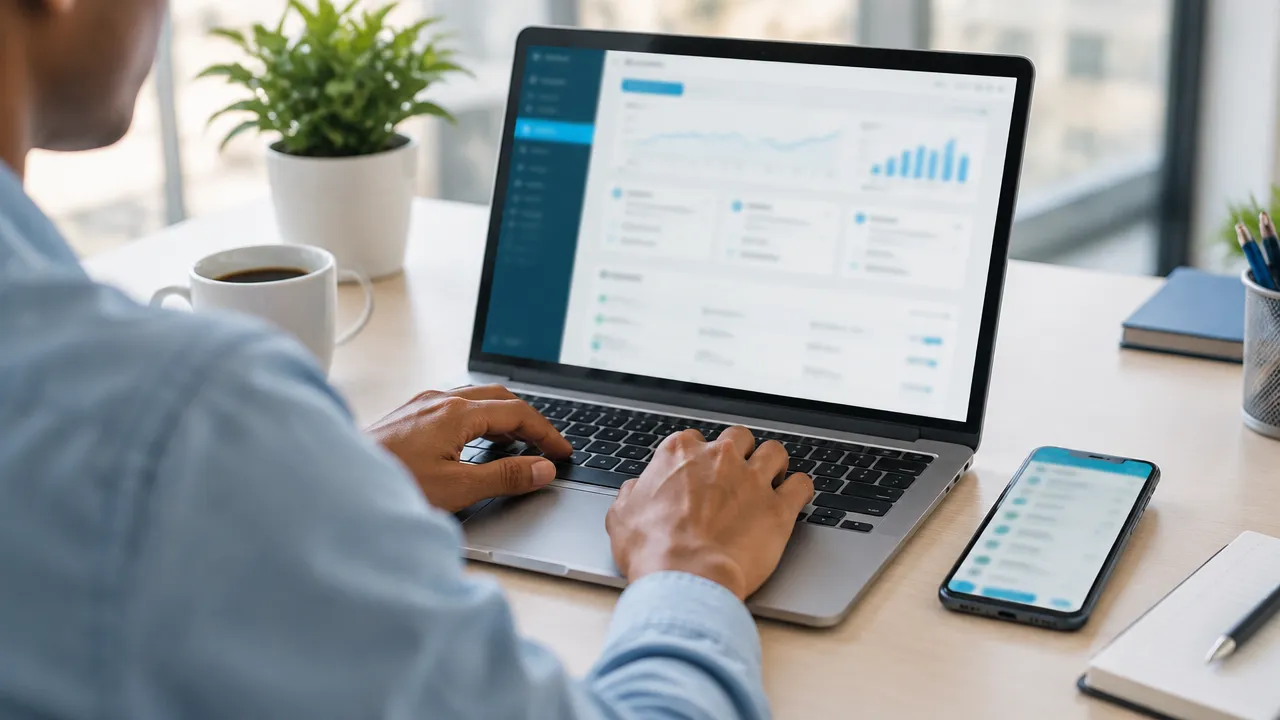 Pessoa acessando um relatório financeiro em uma interface digital genérica no laptop