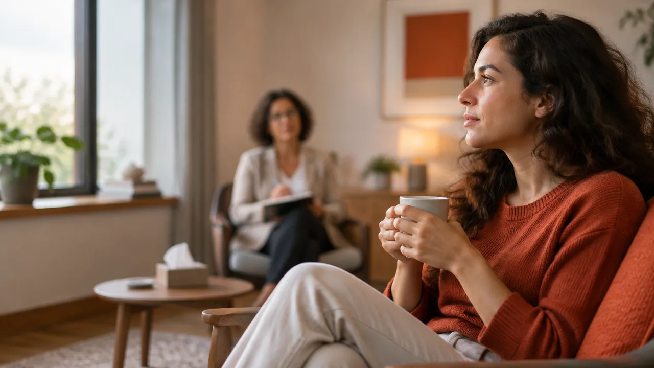 Pessoa adulta em ambiente terapêutico tranquilo, conversando com uma profissional sobre recuperação emocional.