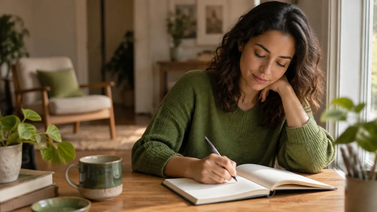 Pessoa adulta escreve em um caderno junto à janela, refletindo sobre padrões emocionais e relações.