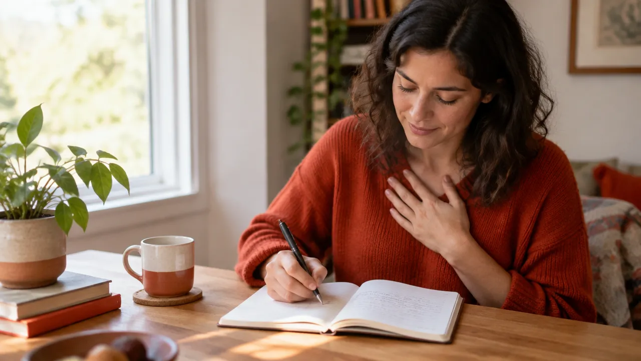 Pessoa adulta escrevendo em um caderno junto à janela como exercício de observação e integração emocional.