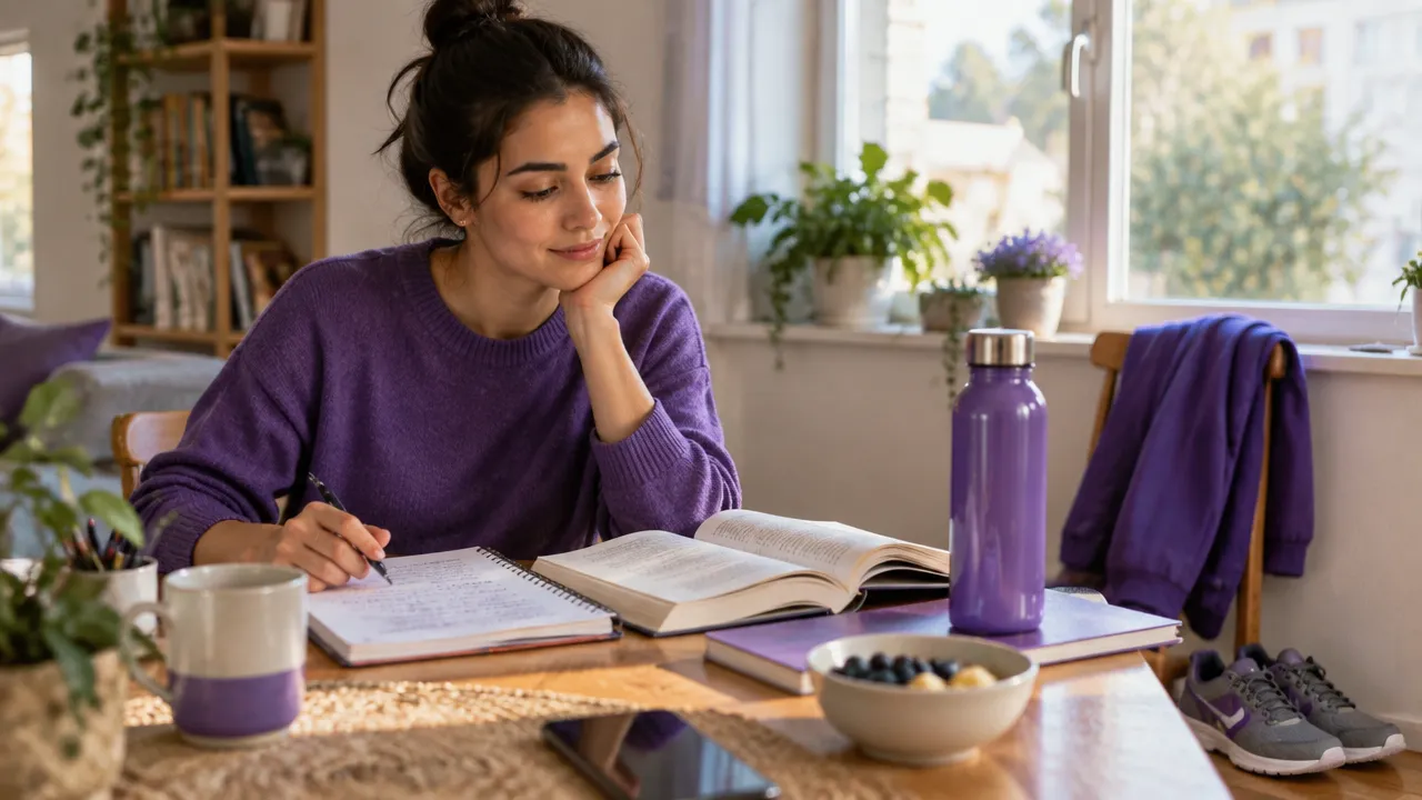 Pessoa adulta estudando em uma mesa organizada, em uma rotina de aprendizagem com pausa e atenção.